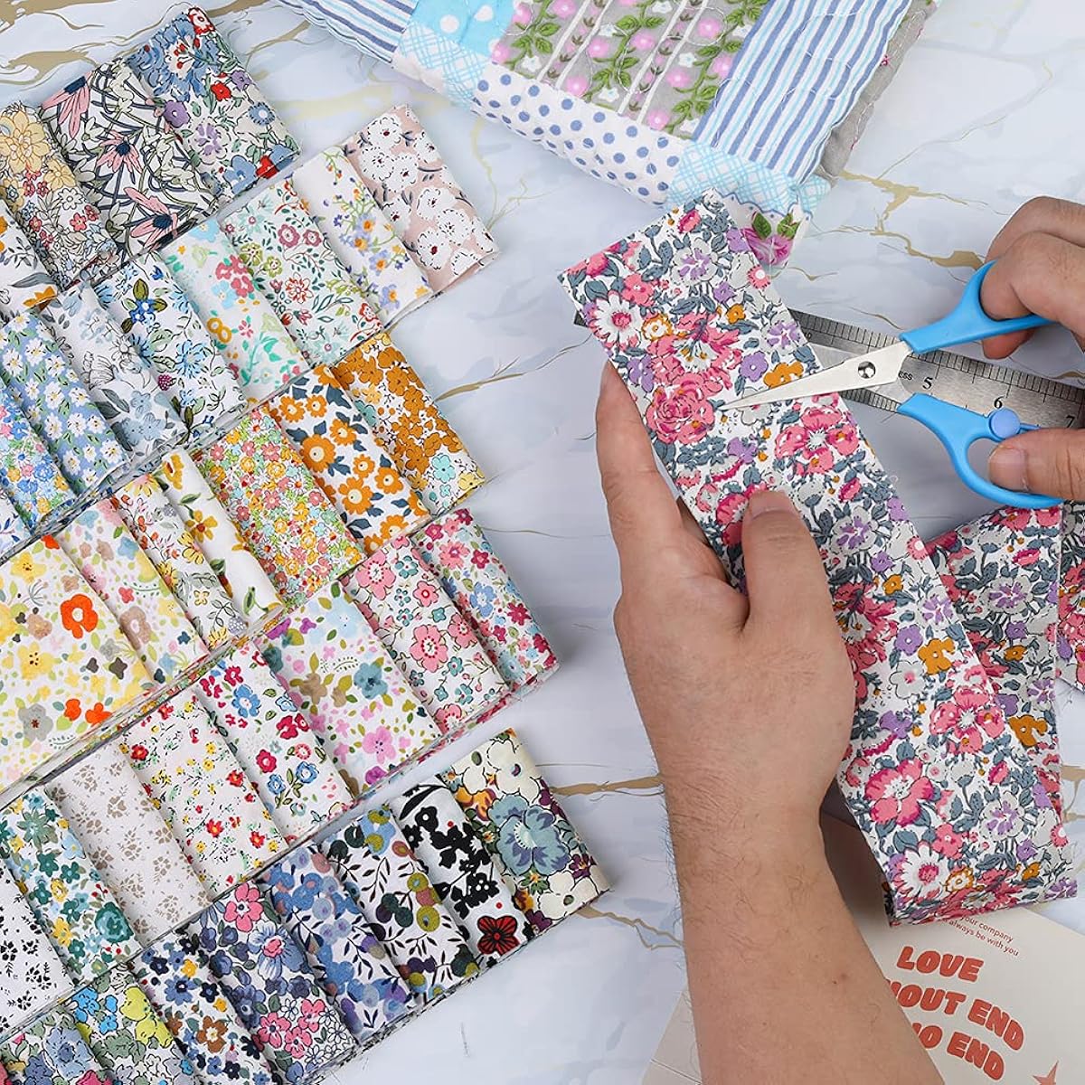 Pre-cut Floral Fabric Squares & Strips, 4"x4" (10x10cm) & 2.36"x20" (6x50cm), Random Colors. Perfect for Quilting, Patchwork